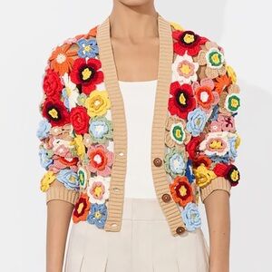 Alice + Olivia Bradley Crochet Applique Cardigan Sweater Colorful Floral M L